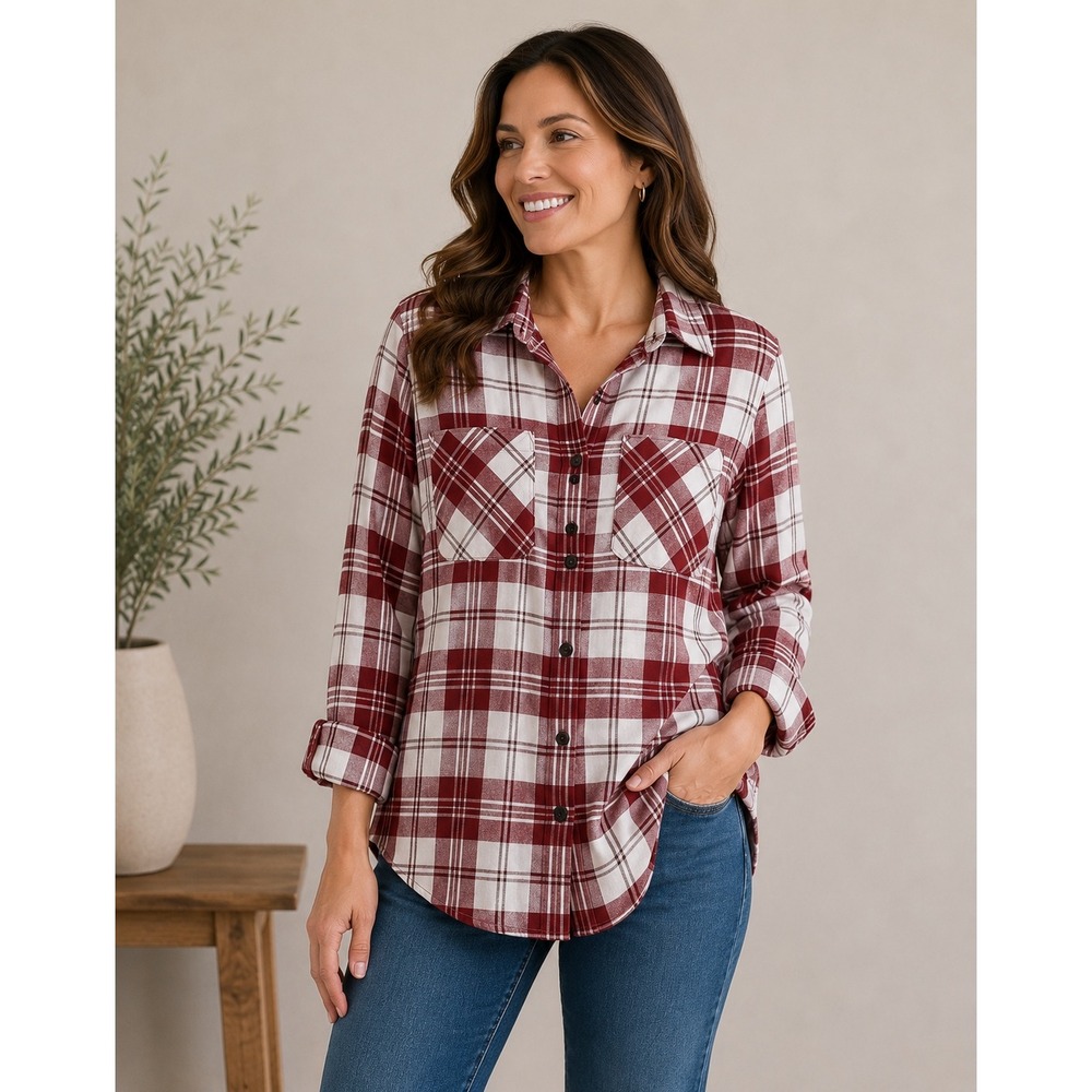 CJ Banks Womens Red White Plaid Button Down Shirt Long Sleeve Size X Casual